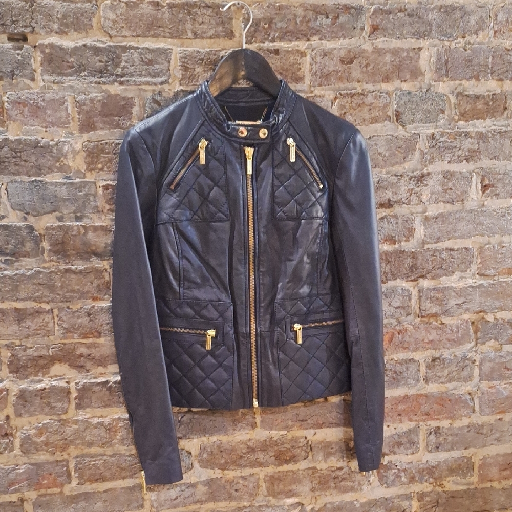 MICHAEL Michael Kors Black Quilted Leather Jacket with Gold Hardware $125